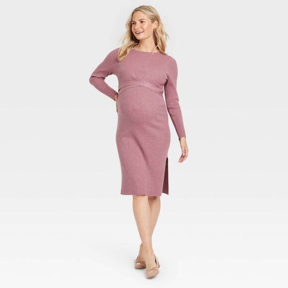 Long Sleeve Mini Maternity Wrap Sweater Dress - Is Mauve - Picture 1 of 3